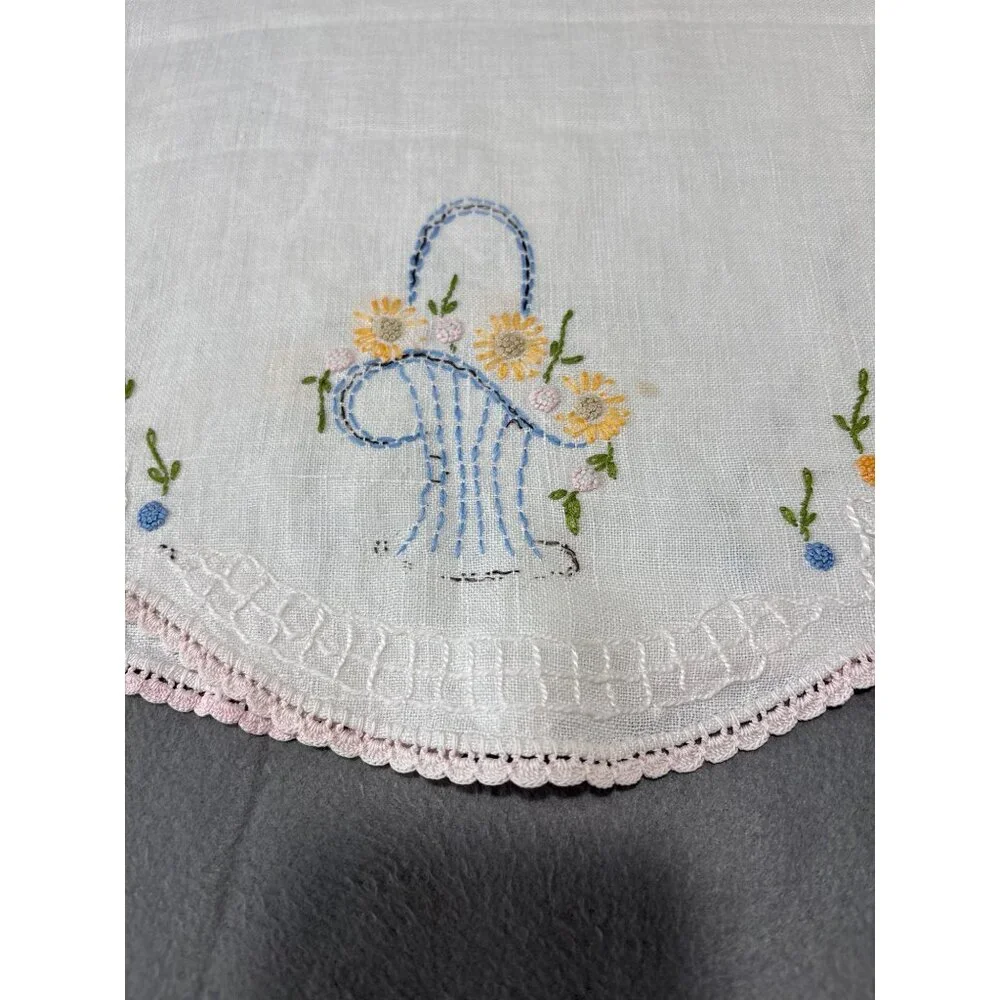 Hand Embroidered Linen Table Runner Flowers & Pink Lace Trim 38x14